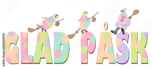 Happy Easter, "Glad Påsk", a Swedish Easter Greetings decorated with scandinavian Easter Witches flying on broomsticks to Blockula (Blåkulla), vector illustration