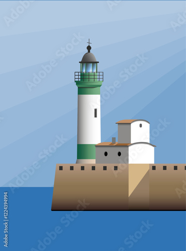 Le Treport lighthouse in the harbour entré, Normandy, France. Vector illustration