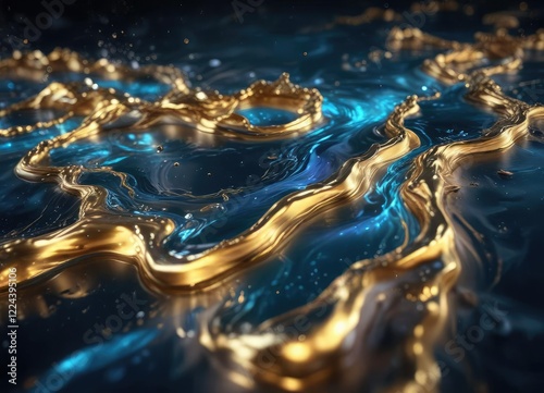 Glowing blue gold liquid flows like a river in the depths of space , mysterious flows , starry night sky photo