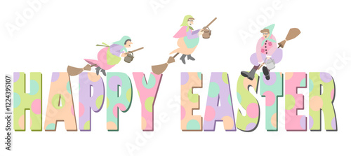 Happy Easter, "Glad Påsk", a Swedish Easter Greetings decorated with scandinavian Easter Witches flying on broomsticks to Blockula (Blåkulla), vector illustration