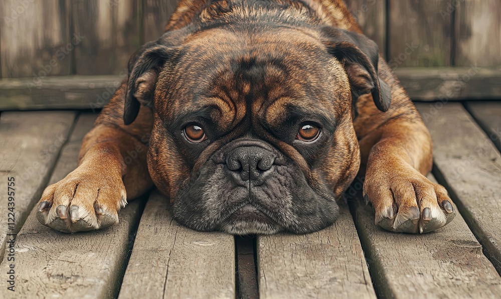 Fototapeta premium Sad dog lying on wooden deck with wooden fence background, pet portrait