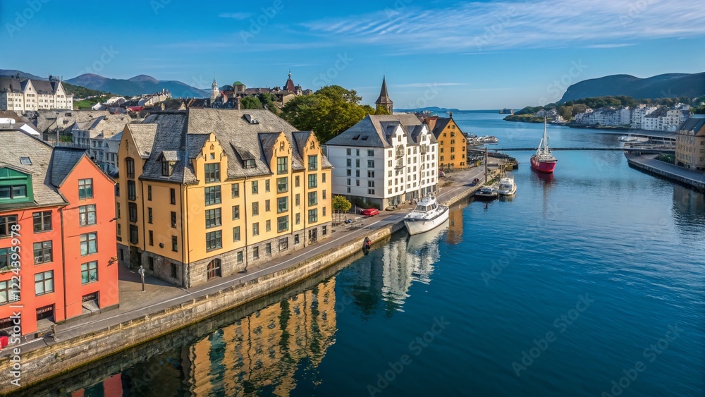 Fototapeta premium Alesund Norway Waterfront Colorful Historic Buildings Calm Sea Reflection Blue Sky Scenic View