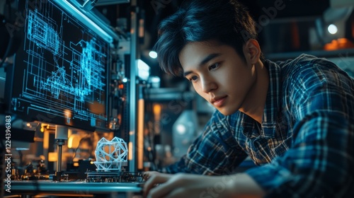 Wallpaper Mural Neon-Futuristic Engineering Young East Asian Engineer Calibrating Printer in High-Tech Lab with Digital Blueprints - Innovating Manufacturing for Tomorrows Industry Torontodigital.ca