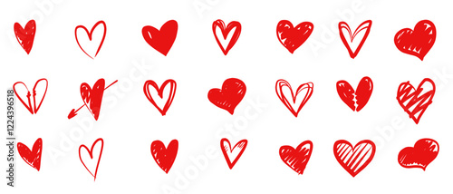 Red heart doodle hand drawn scribble Valentine's Day romantic love collection. Simple pen marker vector art 