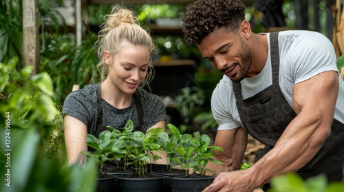 Wallpaper Mural Young diverse couple gardening together in organic plant nursery, showcasing teamwork and passion for nature Torontodigital.ca