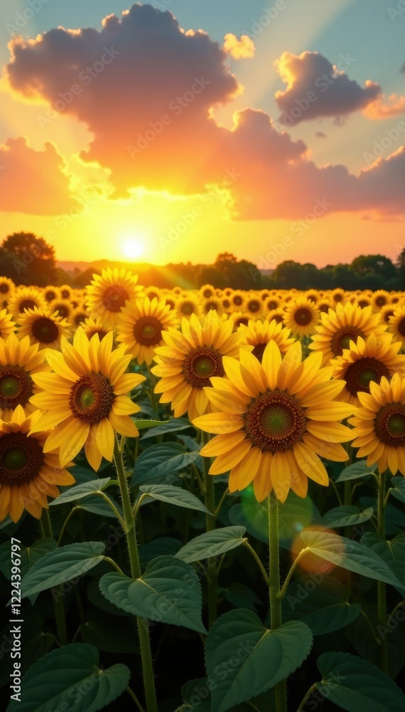 Obraz premium Golden sunflowers stretching towards the sky at sunset, landscape, yellow