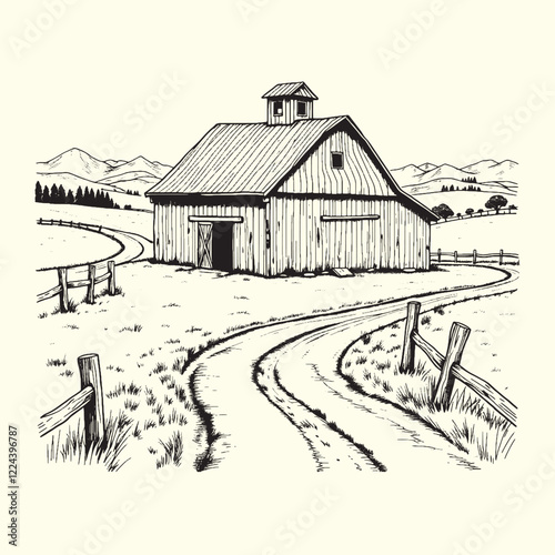 Hand-drawn farm ranch sketch line art illustration