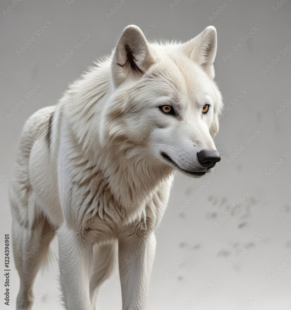 Gorgeous white wolf isolated against plain background, neutral background, fierce gaze, majestic creature, stunning appearance, arctic predator Gorgeous white wolf isolated against plain background, neutral background, fierce gaze, majestic creature, stunning appearance, arctic predator