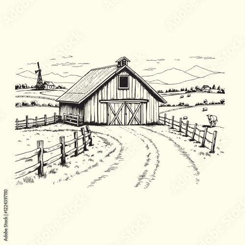 Hand-drawn farm ranch sketch line art illustration
