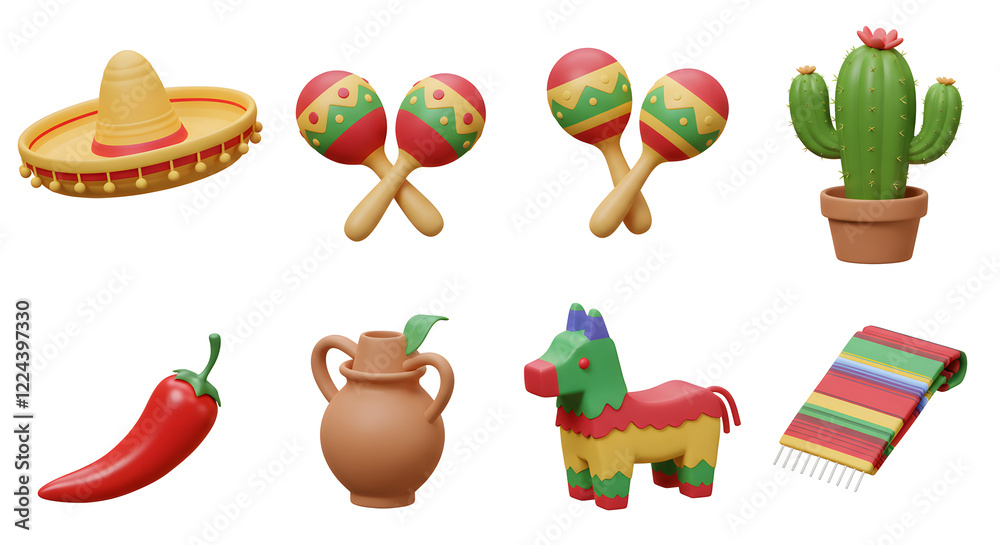 Obraz premium Vibrant 3D Mexican Fiesta Icons Set for Design isolated on white background. Generative AI