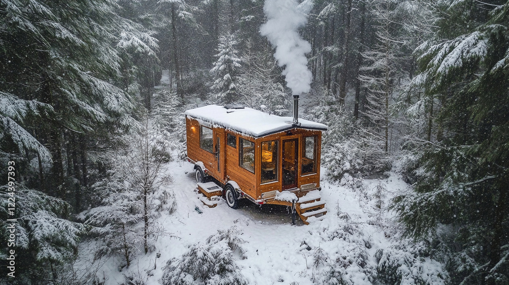 cozy tiny house surrounded by snow covered trees, creating serene winter retreat cozy tiny house surrounded by snow covered trees, creating serene winter retreat