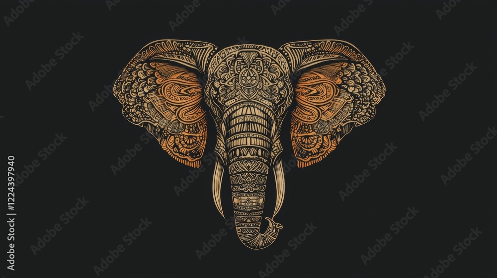 Obraz premium Intricate elephant illustration with decorative patterns on a dark background showcasing artistry and cultural significance