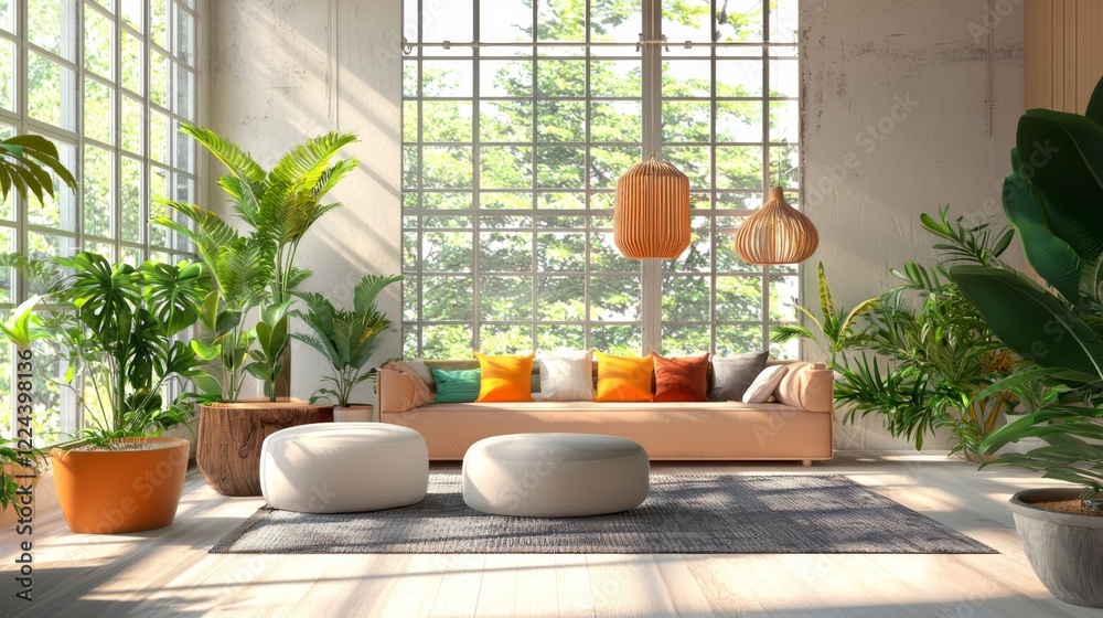 Fototapeta premium bright open space office featuring a relaxation zone with comfortable sofas and an array of indoor plants, creating a peaceful retreat for employees