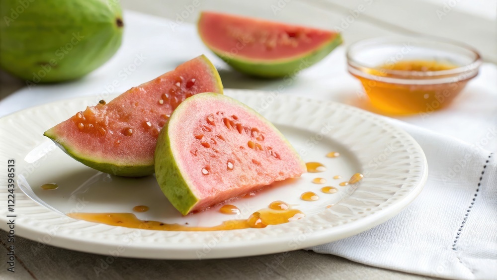 Guava slice on white plate with drizzle of honey, sweet treat, honey, guava, golden nectar