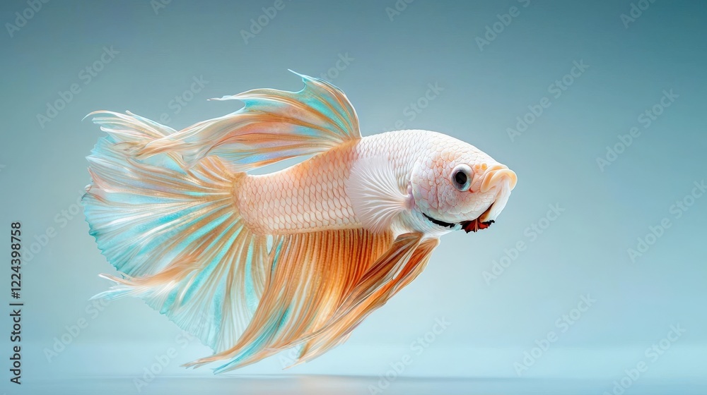 Fototapeta premium Colorful Betta Fish Swimming Gracefully in Clear Water with Delicate Fins and Vivid Orange and Blue Pattern