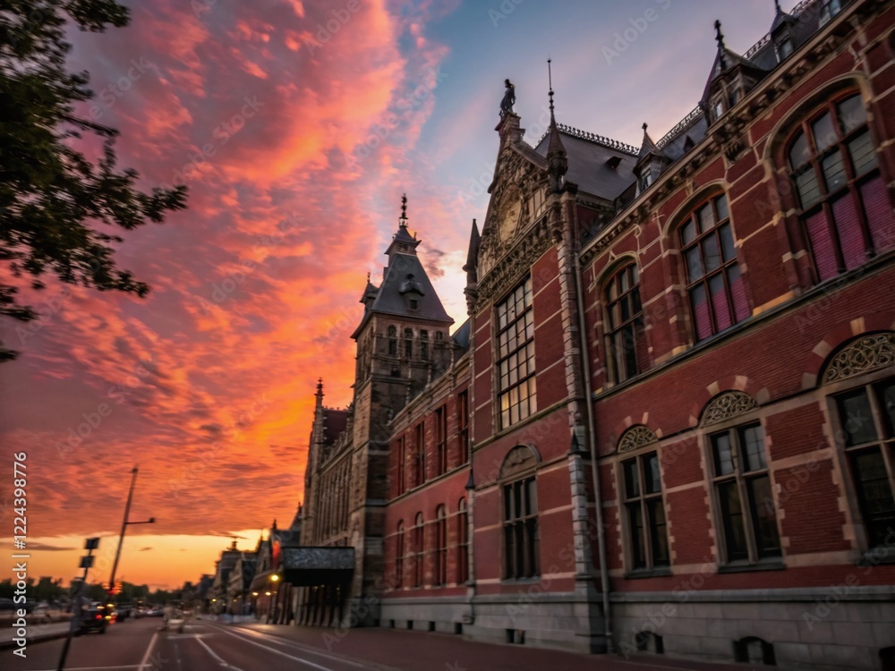 Fototapeta premium Amsterdam Royal Tropical Institute Facade Silhouette - Architectural Detail at Sunset