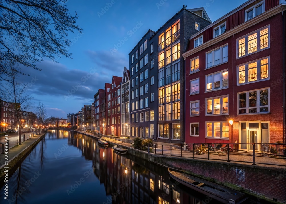 Naklejka premium Amsterdam Houthaven Night: Modern Residential Facades, Illuminated Buildings, Canal Reflections, Netherlands