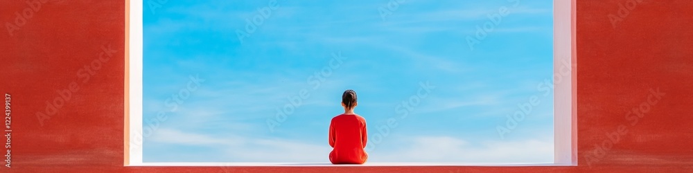 Obraz premium Contemporary Serenity Imagery Red-Clad Woman Meditating in Architectural Frame Against Blue Sky - Mindfulness Content for Wellness and Cultural Marketing