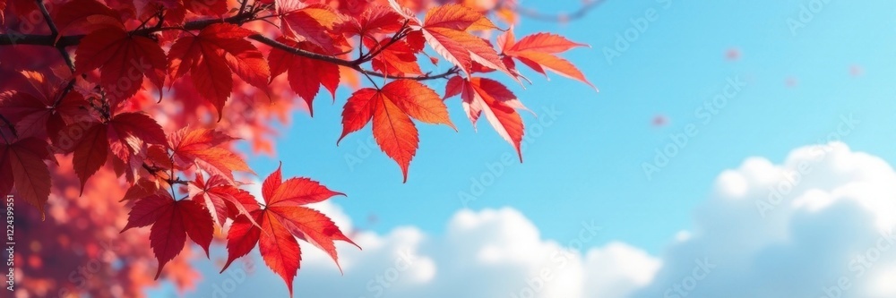 Softly glowing red leaves against a clear blue sky with fluffy white clouds, cloud formations, serene atmosphere, autumn colors Softly glowing red leaves against a clear blue sky with fluffy white clouds, cloud formations, serene atmosphere, autumn colors