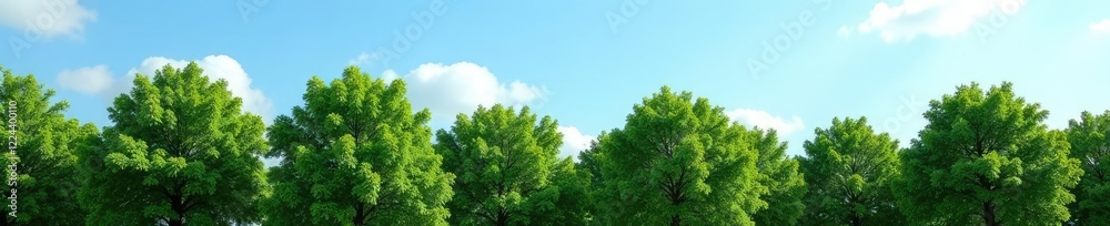 Dense foliage with blue sky above isolated on white background, blue, trees, calm