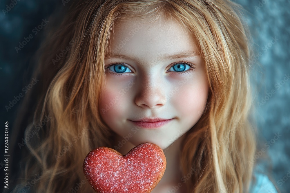Young Girl Holding Heart Shaped Cookie with Joy Young Girl Holding Heart Shaped Cookie with Joy