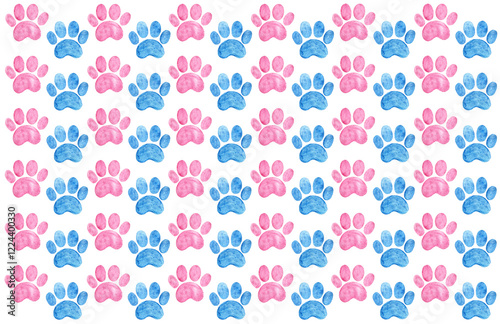 Pattern of pet paw footprints. Pink and blue color. Colors alternate one after the other. Watercolor. White background. Paws have different shades and soft texture. Baby shower. Checkerboard pattern.