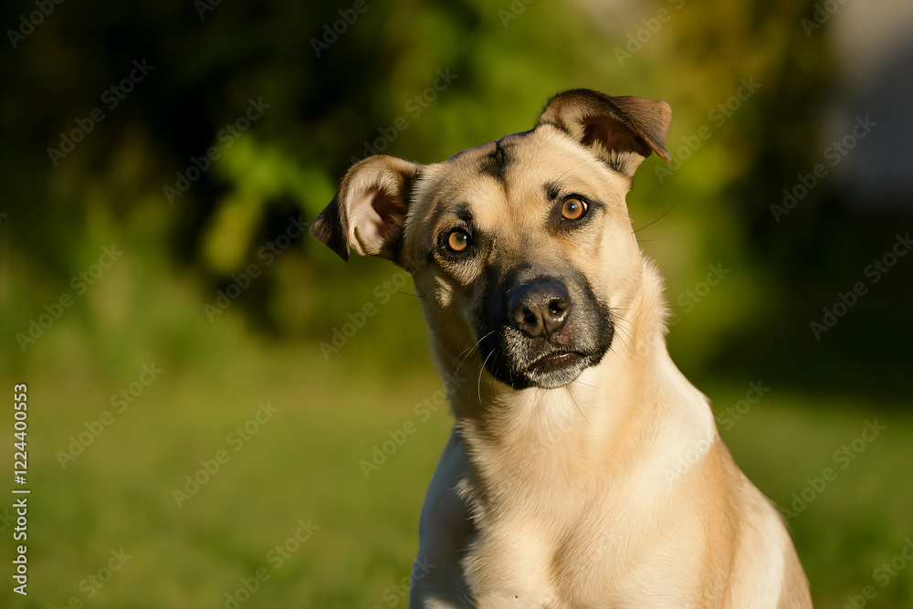 Obraz premium Charming Mixed Breed Dog with Soulful Eyes - Portrait of Cream-Colored Shelter Pet Showing Personality and Intelligence in Warm Evening Sunlight Setting