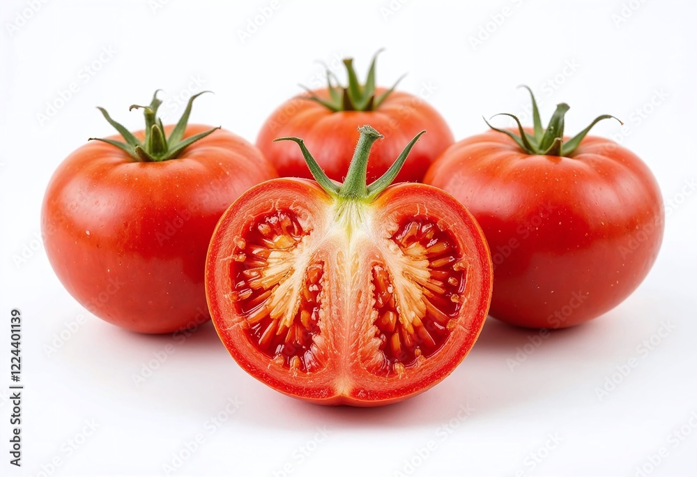 Fresh ripe tomatoes on a white background, featuring a halved tomato revealing its juicy interior and vibrant colors. Fresh ripe tomatoes on a white background, featuring a halved tomato revealing its juicy interior and vibrant colors.