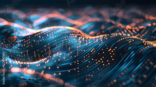 Abstract digital waves with glowing particles in a futuristic style.