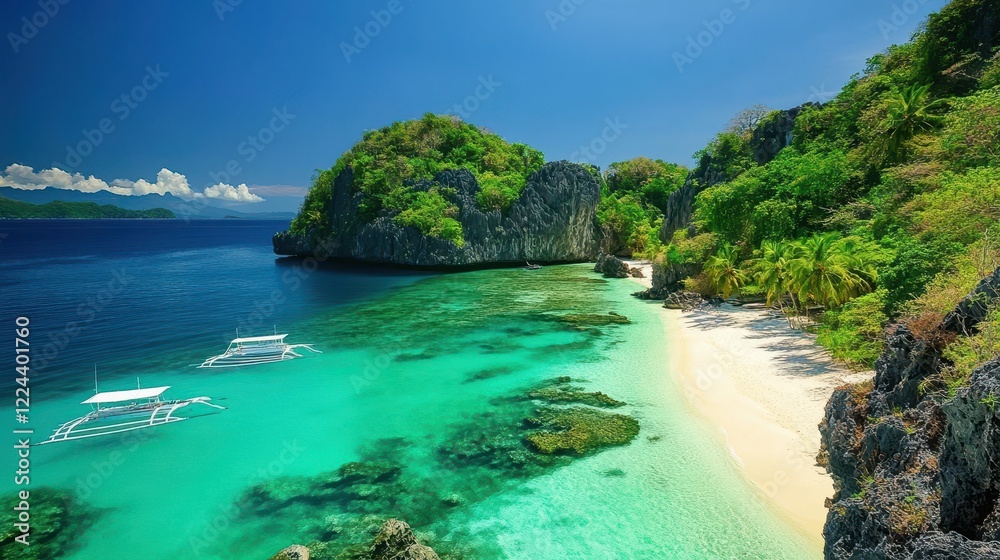 Tropical island with green hills and cliffs, surrounded by turquoise waters and small waves hitting the shore. Tropical island with green hills and cliffs, surrounded by turquoise waters and small waves hitting the shore.