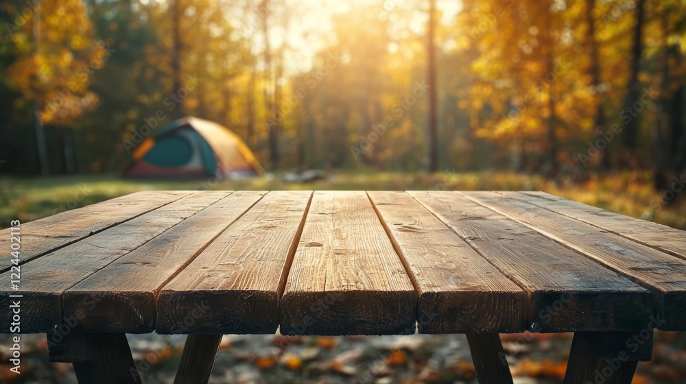 Relaxing camping setup with wooden table in autumn forest outdoor adventure natural environment scenic view Relaxing camping setup with wooden table in autumn forest outdoor adventure natural environment scenic view