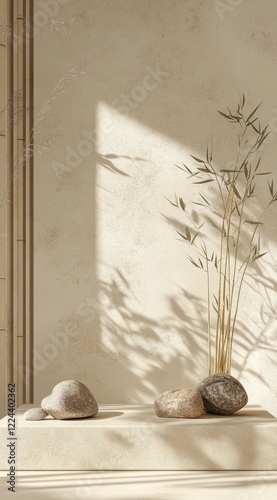 Zen-like serenity: stones, grasses, and sunlight create a peaceful atmosphere.