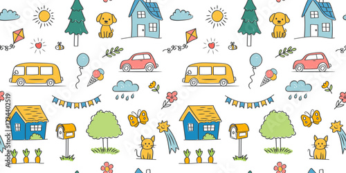 Cute doodle colorful chalk children's drawings seamless pattern.