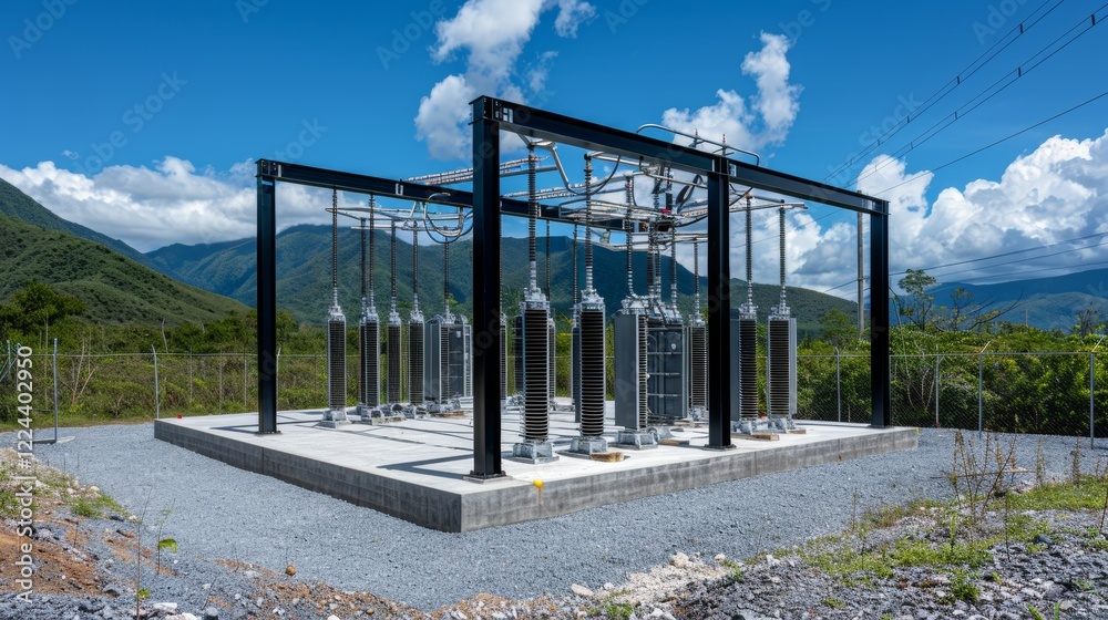 Obraz premium Contemporary energy substation surrounded by lush greenery under bright blue sky during daylight