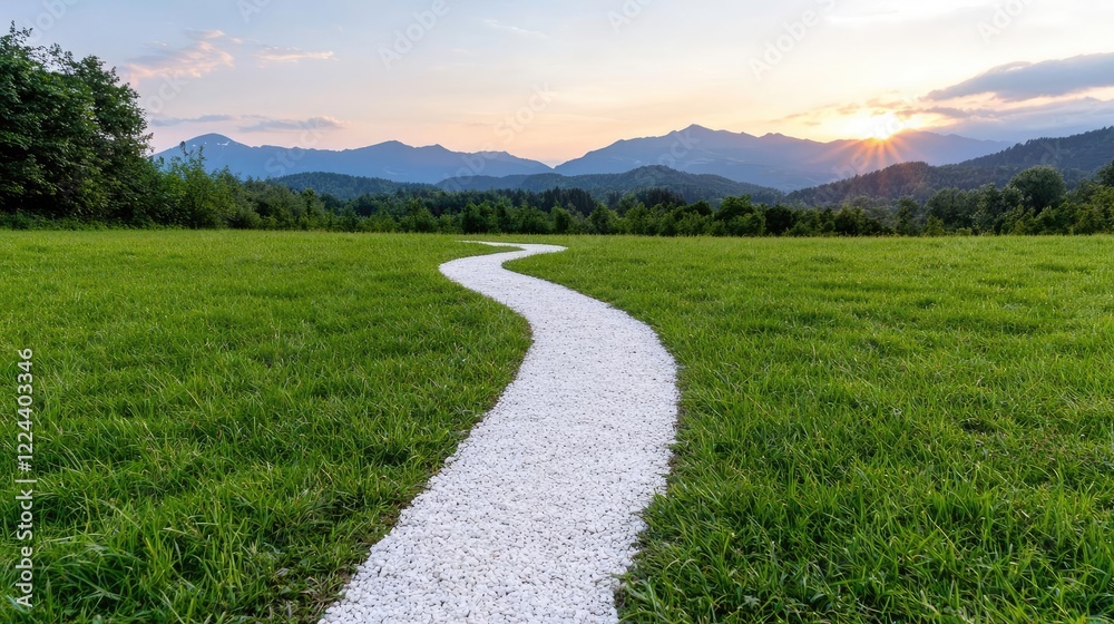 Winding path through green field at sunset, mountains in background. Ideal for travel brochures Winding path through green field at sunset, mountains in background. Ideal for travel brochures