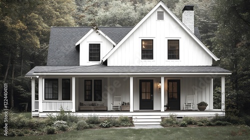 A modern farmhouse with white board-and-batten siding, black window frames, and a wraparound porch.