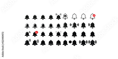 Print Notification icons, bell icon alert symbols, sound alert icons, notification badges, alert notifications, bell vector with badge, sound wave icons, alert ringing bells icon set