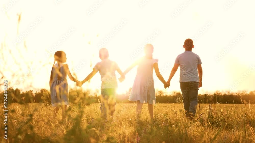 Children are having fun playing in a forest glade. Summer time of childhood. small children. A girl, a boy, classmates, holding hands, go into the sunset. A friendly team of kindergarten children. The Children are having fun playing in a forest glade. Summer time of childhood. small children. A girl, a boy, classmates, holding hands, go into the sunset. A friendly team of kindergarten children. The