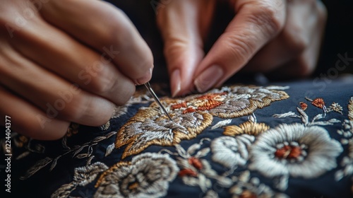 A skilled artisan delicately stitches vibrant embroidery patterns showcasing precision and artistry in a cozy craft studio.