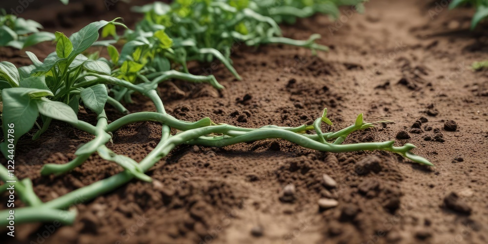 Green bean vines stretching across the garden soil, nature, earthy, bees