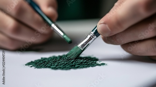 Artist's Hands with Paintbrushes and Emerald Green Pigment
