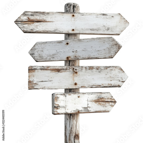 A weathered wooden signpost with four blank arrow-shaped signs, ideal for displaying directional information or a rustic design element. photo