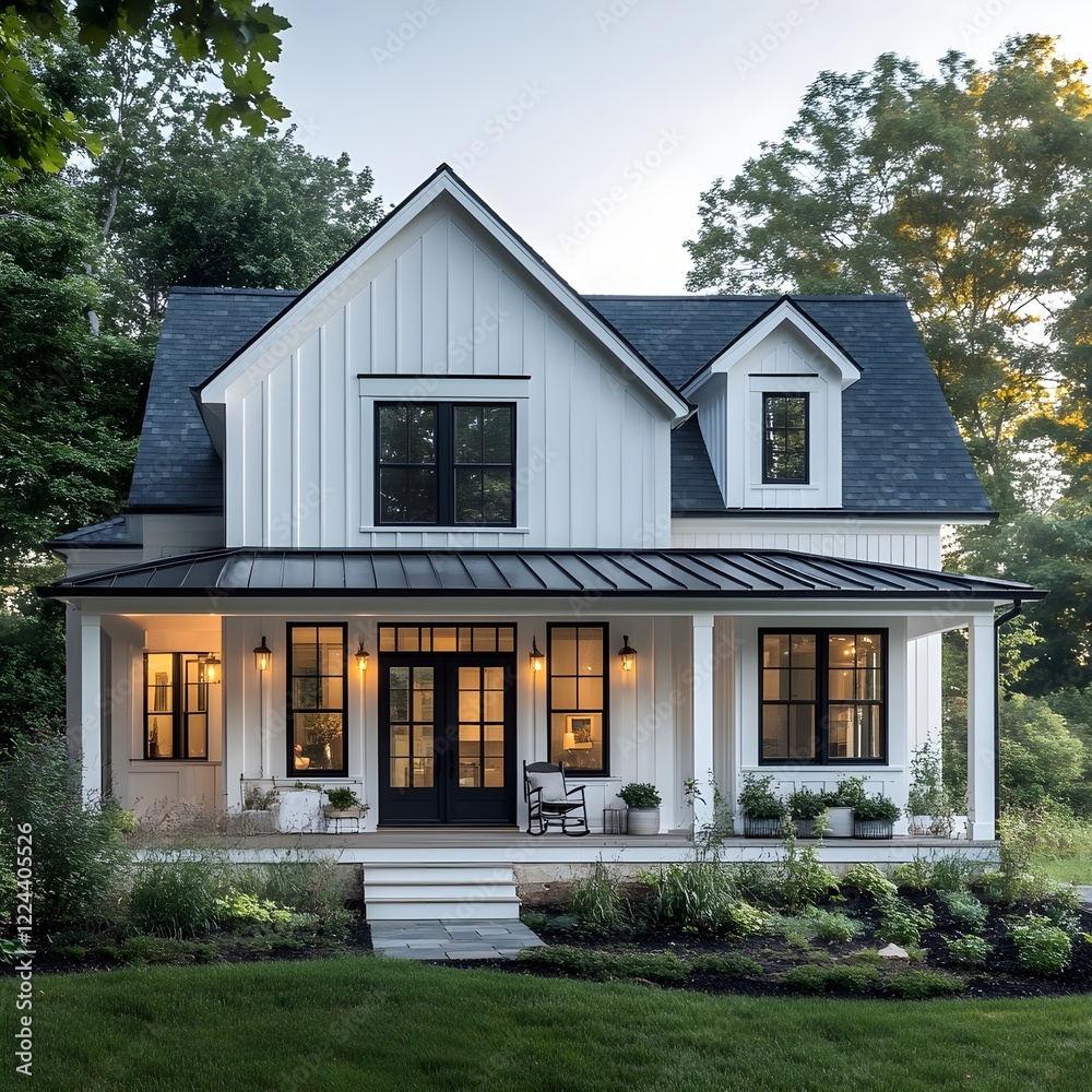 A modern farmhouse with white board-and-batten siding, black window frames, and a wraparound porch. A modern farmhouse with white board-and-batten siding, black window frames, and a wraparound porch.