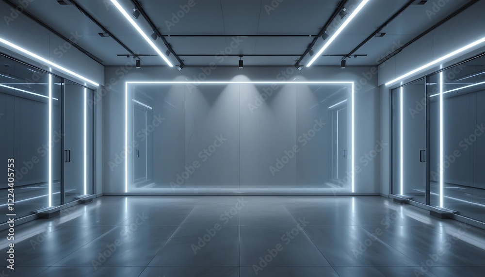 Fototapeta premium Modern minimalist room with bright neon lighting and glass doors