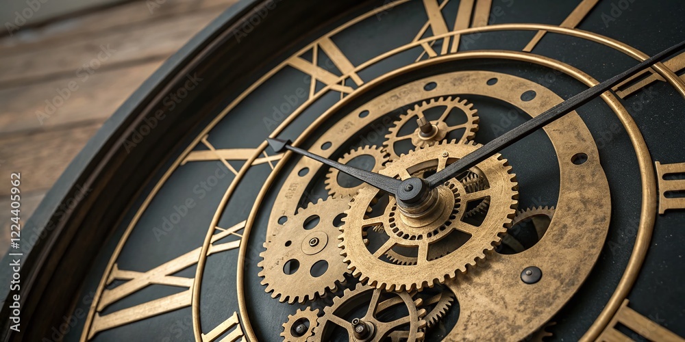 Obraz premium Antique Golden Clock Cogs Double Exposure - Close-up 3D Render of Vintage Timepiece