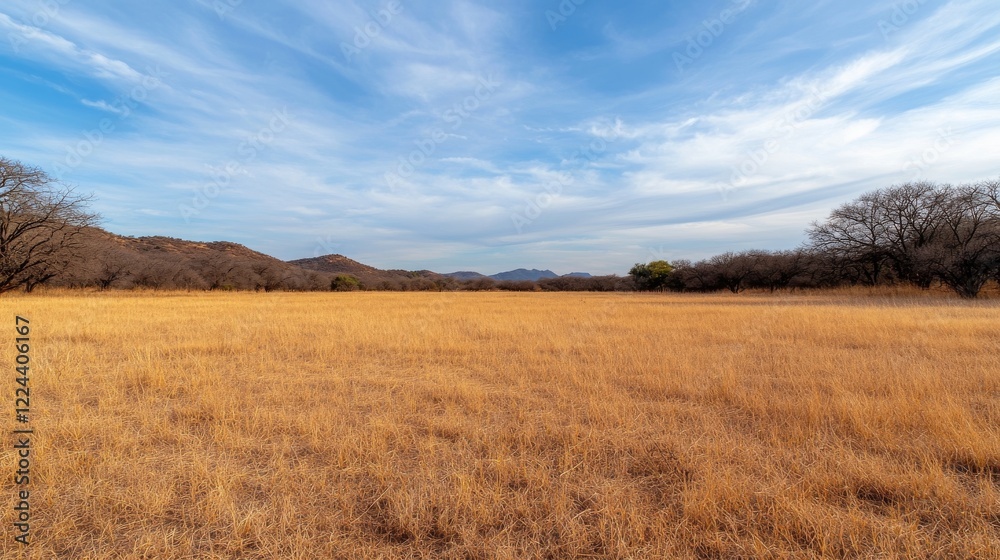 Serene Wide Angle Shot of Natural Reserve with Clear Sky and Golden Grassland Serene Wide Angle Shot of Natural Reserve with Clear Sky and Golden Grassland