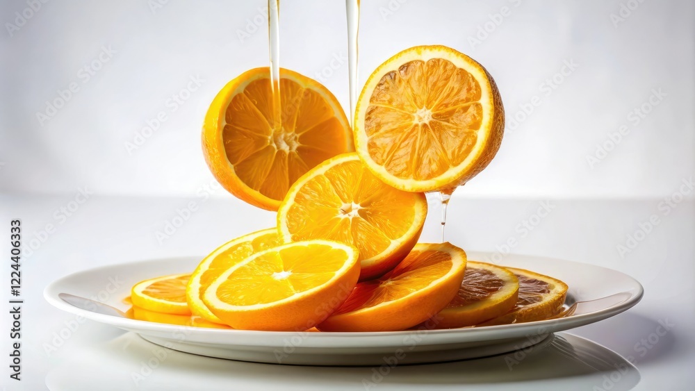 Orange slices dripping juice onto a white plate, juice, food Orange slices dripping juice onto a white plate, juice, food