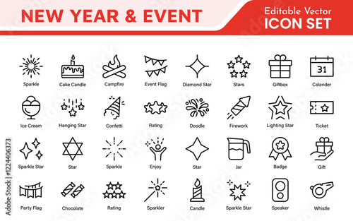 New Year and Celebration Icon Set. A festive collection of vibrant icons designed to enhance celebrations, perfect for party invitations, event promotions, and holiday-themed projects.