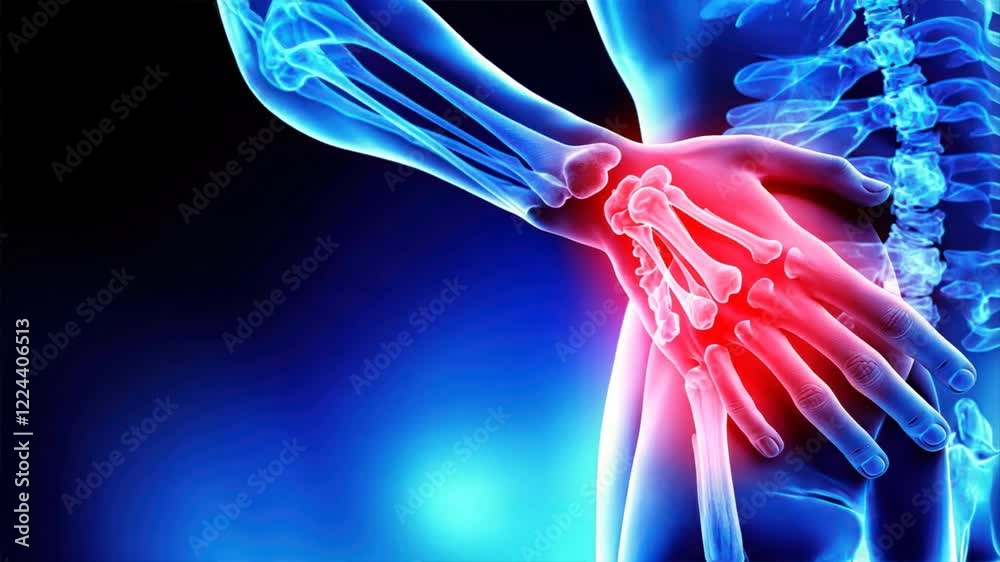 Graphic x ray of joint pain highlighting medical focal points for overall health, arthritis and joint health theme with deep focus on anatomy and treatment