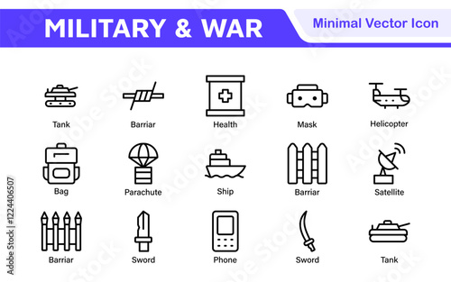 Military and War Icon Set. A powerful collection of icons representing defense and combat themes, perfect for enhancing educational materials, military websites, and historical projects.